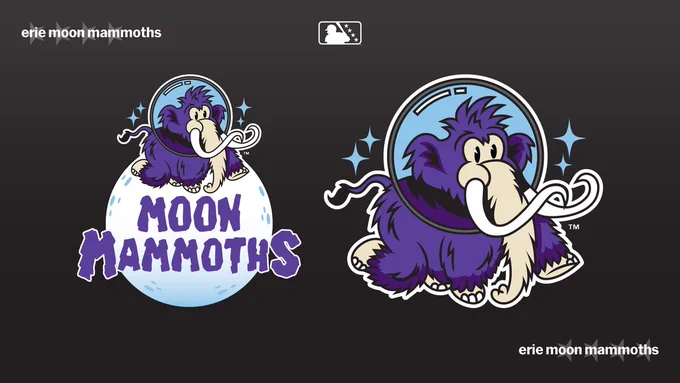 The primary logo for the Erie Moon Mammoths is displayed above a dark grey backdrop. The logo features a purple wooly mammoth wearing an astronaut's helmet and placed over a full moon