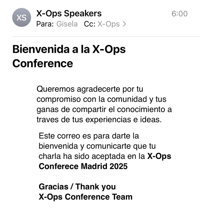 Correo de la X-Ops Conference avisándome de que mi charla ha sido aceptada