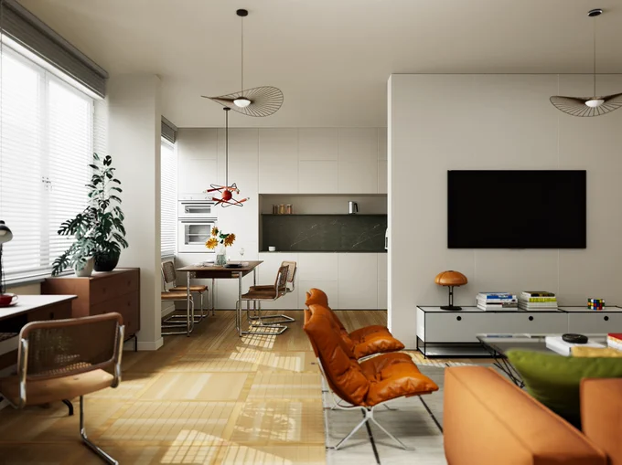 A photorealistic 3D rendering of a sunlit, open-plan apartment with a mid-century modern aesthetic. The living room features an orange leather lounge chair and a sleek kitchen is visible in the background, showcasing a stylish and warm interior design.