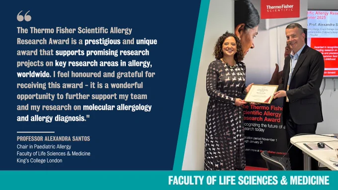 Photo of Professor Alexandra Santos receiving the award with quote: "The Thermo Fisher Scientific Allergy Research Award is a prestigious and unique award that supports promising research projects on key research areas in allergy, worldwide. I feel honoured and grateful for receiving this award - it is a wonderful opportunity to further support my team and my research on molecular allergology and food allergy diagnosis."