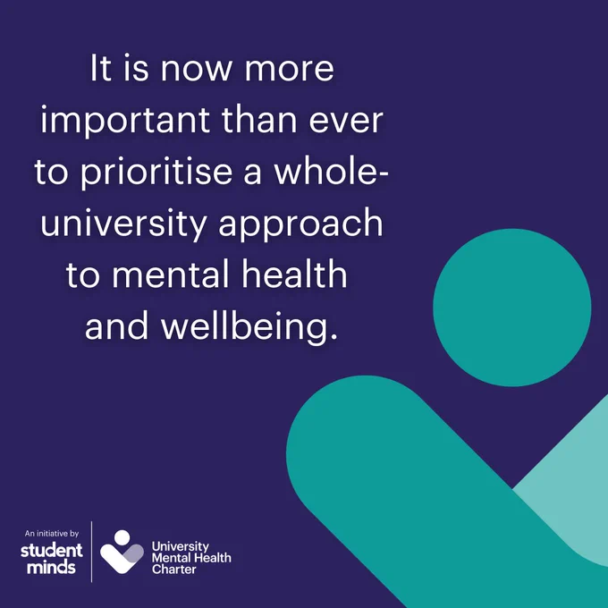 Dark blue backfround with blue person on right hand side from University Mental Health Charter logo. With the text 'It is now more important than ever to prioritise a whole-university approach to mental health 
and wellbeing.'
