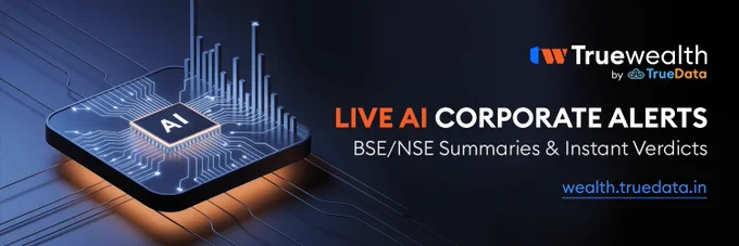 AI-powered market alerts—Banner showing TrueWealth by TrueData: Live AI Corporate Alerts, BSE/NSE Summaries & Instant Verdicts. Wealth.truedata.in highlighted as the platform for real-time, AI-powered corporate news and market insights