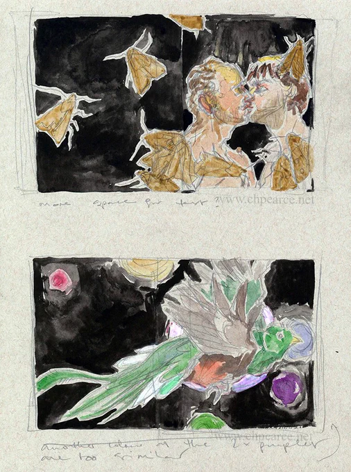 Pencil and watercolour book cover art sketches, in one two men kiss behind a window overlaid by bogong moths, another of a quetzal in a starscape. Artist’s watermark reads www.chpearce.net
