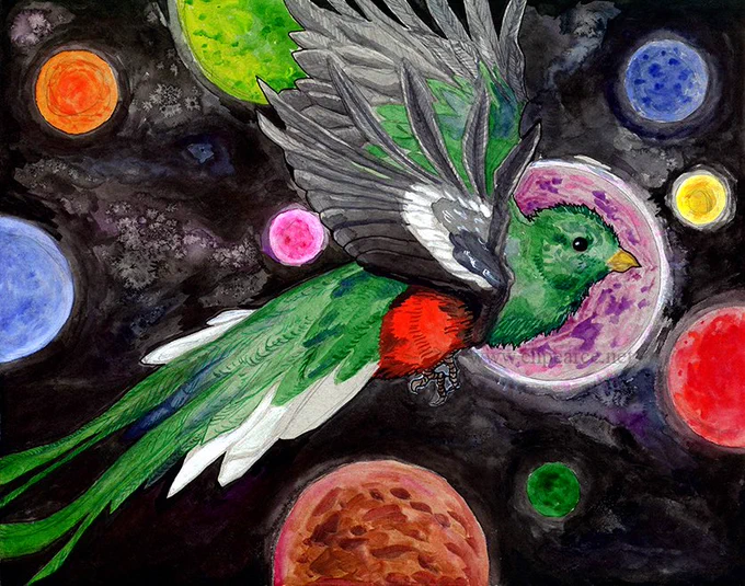 Mixed media art of a quetzal in a starscape. Artist’s watermark reads www.chpearce.net