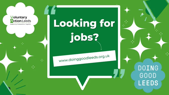 Image is green background with white stars and a dark green speech box with white text asking looking for jobs?  There are florets to a website link and an organisation logo.