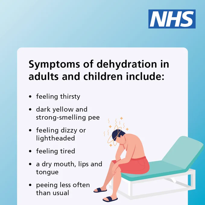 A man sitting down feeling dizzy. Text reads: Symptoms of dehydration in adults and children include: feeling thirsty;  dark yellow and strong-smelling pee; feeling dizzy or lightheaded; feeling tired; a dry mouth, lips and tongue; peeing less often than usual.  The NHS logo appears in the top right corner.