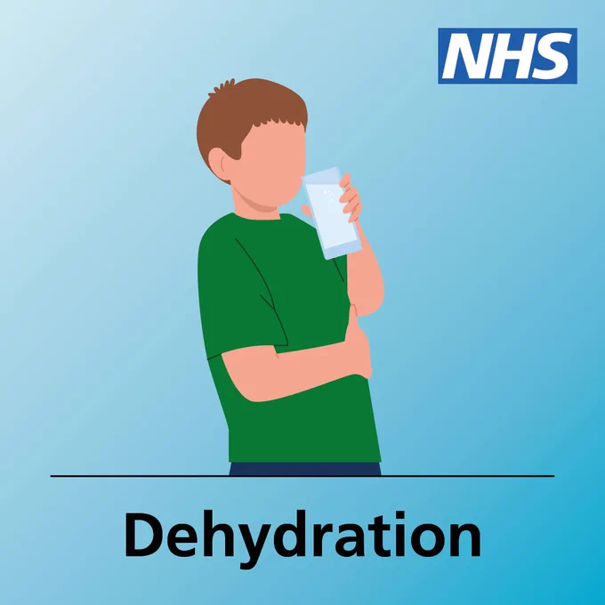 A white young boy drinking water. Text reads: Dehydration. NHS logo appears in the top right corner.