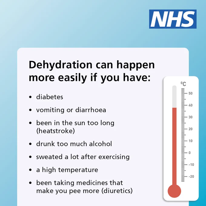 A thermometer. Text reads: Dehydration can happen more easily if you have: diabetes; vomiting or diarrhoea; been in the sun too long (heatstroke); drunk too much alcohol; sweated a lot after exercising; a high temperature; and been taking medicines that make you pee more (diuretics). The NHS logo appears in the top right corner. 