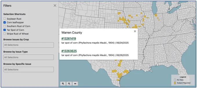 Screenshot of Crop Lookout tool showing corn leafhopper and tar spot finds. 