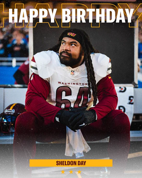 Happy birthday graphic. The top of the graphic says “HAPPY BIRTHDAY” in white with the word “HAPPY” written in gold behind it. The bottom of the graphic says “SHELDON DAY” in burgundy text with three gold stars below it. There is a photo of Day pregame sitting on a bench. He is wearing a white jersey, burgundy pants and black football gloves.