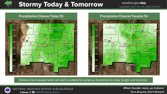 Moisture has increased today, which will lead to scattered to numerous slow-moving showers and thunderstorms, especially along and east of the central mountain chain. Isolated areas of heavy rainfall are forecast both today and Tuesday which could lead to flash flooding.