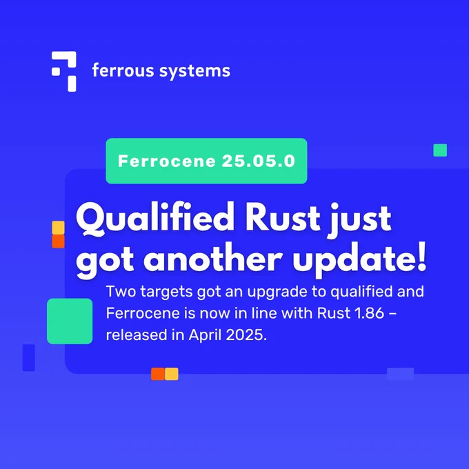 We're using this art to tell our followers that Ferrocene 25.05.0 is now released into the world with some information that we've qualified two additional targets and that Ferrocene is Rust 1.86