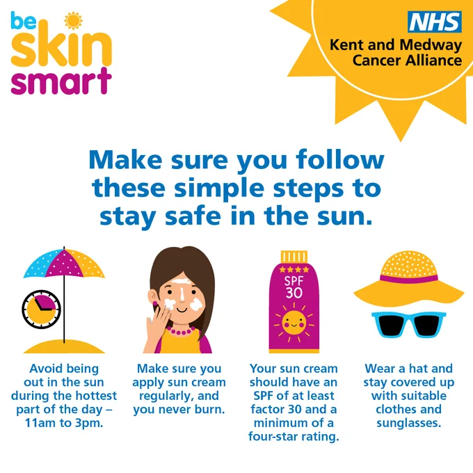 Text reads: Make sure you follow these simple steps to stay safe in the sun. Avoid being out in the sun during the hottest part of the day - 11am to 3pm Make sure you apply sun cream regularly and you never burn Your sun cream should have an SPF of at least factor 30 and a minimum of a four-star rating Wear a hat and stay covered up with suitable clothes and sunglasses.