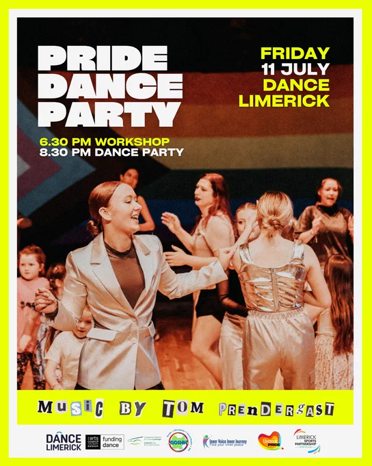 Poster with the title Pride Dance Party, showing a group of people dancing. 
