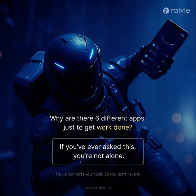 Dark futuristic robot holding a mobile showing a unified dashboard. Text reads: “Why are there 6 different apps just to get work done? If you’ve ever asked this, you’re not alone.”