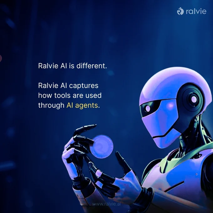 Blue-lit robot holding a digital token. Text reads: “Ralvie AI is different. Ralvie AI captures how tools are used through AI agents.”