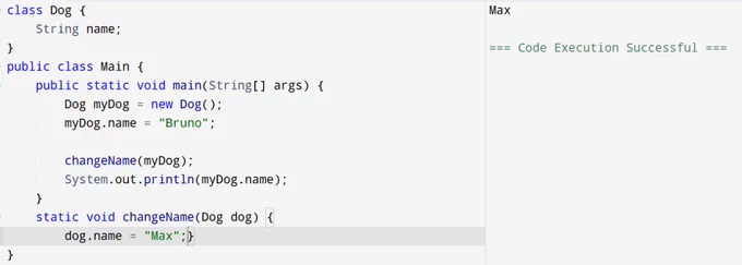 A  Java program where a Dog object named myDog is passed to a method changeName, only the name property is modified inside the method without reassigning the object. The output is "Max", showing that changes to the object’s internal state do reflect outside the method because the reference still points to the same object.