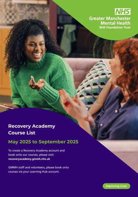 The image is a promotional poster for the Recovery Academy Course List at Greater Manchester Mental Health NHS Foundation Trust. It features two people sitting on a couch, with one person wearing a green sweater and the other wearing a blue shirt. 