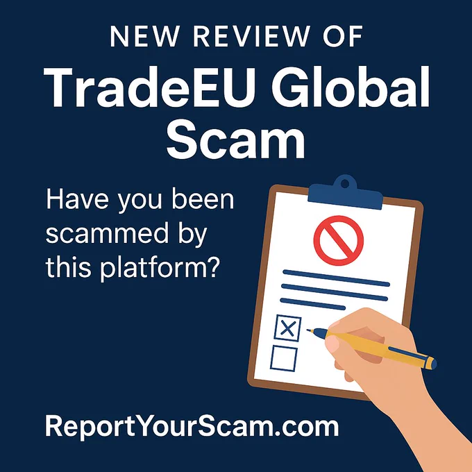 TradeEU Global scam alert graphic showing a checklist with a red warning symbol and a message asking if users were scammed by the platform.