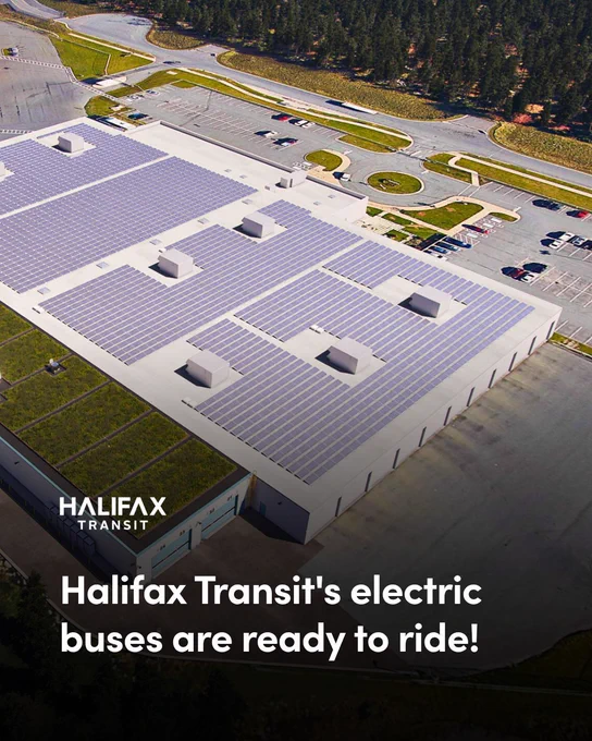 An overhead view of the expanded Ragged Lake Transit Centre, showing an array of solar panels and the green roof. There is a Halifax Transit logo at the bottom of the image, above text that reads: “Halifax Transit’s electric buses are ready to ride!”
