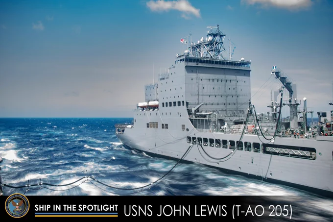 USNS John Lewis (T-AO 205) sails alongside the Arleigh Burke-class guided-missile destroyer USS Gridley (DDG 101) in the South China Sea, June 13, 2025. (Photo by Petty Officer Timothy Meyer).
