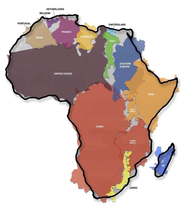 Map of the continent of Africa outlined in black, with various countries and regions overlaid to demonstrate their relative sizes compared to parts of Africa. The United States (in dark purple) covers a significant portion of North and West Africa. China (in red) covers a large part of Central and Southern Africa. India (in orange) is shown in East Africa. Several European countries are placed in the northwest: Spain (brown), France (purple), Germany (yellow), Italy (green), Netherlands (light purple), Belgium (dark purple), Switzerland (light blue), Portugal (light brown), and the UK (blue) is shown off the southeastern coast. Eastern Europe (blue) is situated in the northeast. Japan (yellow) is a long, narrow shape along the southeastern coast. China (smaller part in light red) and India (smaller part in light orange) are also shown in the Horn of Africa region.