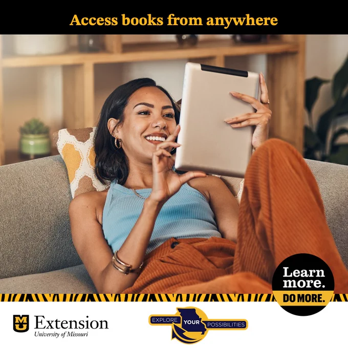 A person laying on a couch with a tablet in her hand. Text says" Access books from anywhere." 