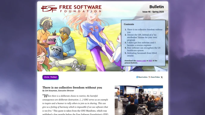 On the left side of the image, a group of people are happily using laptops with free software logos, including BASH and the GNU Head. On the right side of the image, a group of people with expressions of distress are using laptops with symbols resembling proprietary software company logos. In the middle, a person with a FSF t-shirt takes the hands of someone on the darker side, both with smiles on their faces. A table of contents is also on the right side of the image