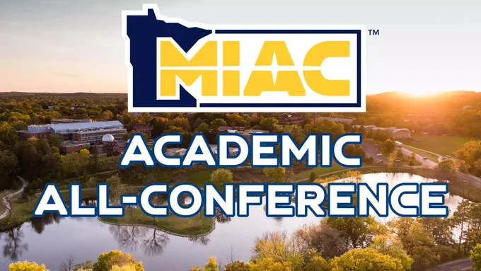aerial photo of campus at sunset, overlaid with MIAC logo and Academic All-Conference title.
