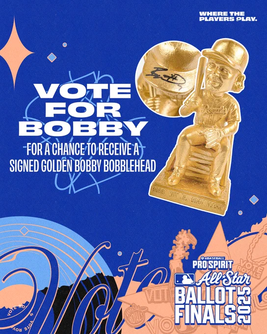 A graphic with a cutout photo of a signed golden Bobby Witt Jr. bobblehead set against a blue and bronze background. Text on the graphic reads, "Vote for Bobby for a chance to receive a signed golden Bobby bobblehead."