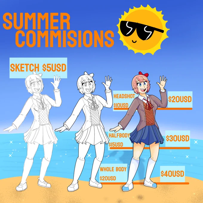Sketch-$5USD
Lineart- Headshot $10USD/Halfbody $15USD/ Whole $20USD
Rendered- Headshot $20USD/ Halfbody $30USD/ Whole $40USD