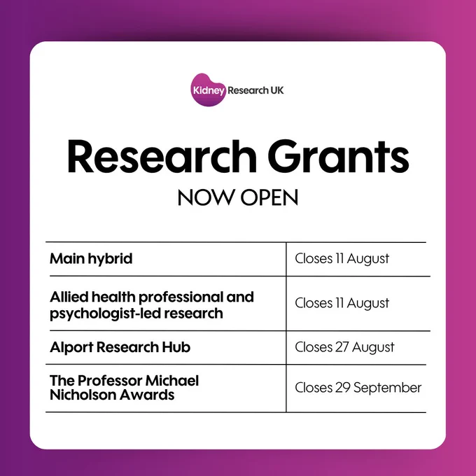 Graphic with opening information for Kidney Research UK's Kidney Grants: Main hybrid and Allied health professional and psychologist-led research shut on 11 August. Alport Research hub applications close 27 August. The Professor Michael Nicholson Awards closes o 29 September