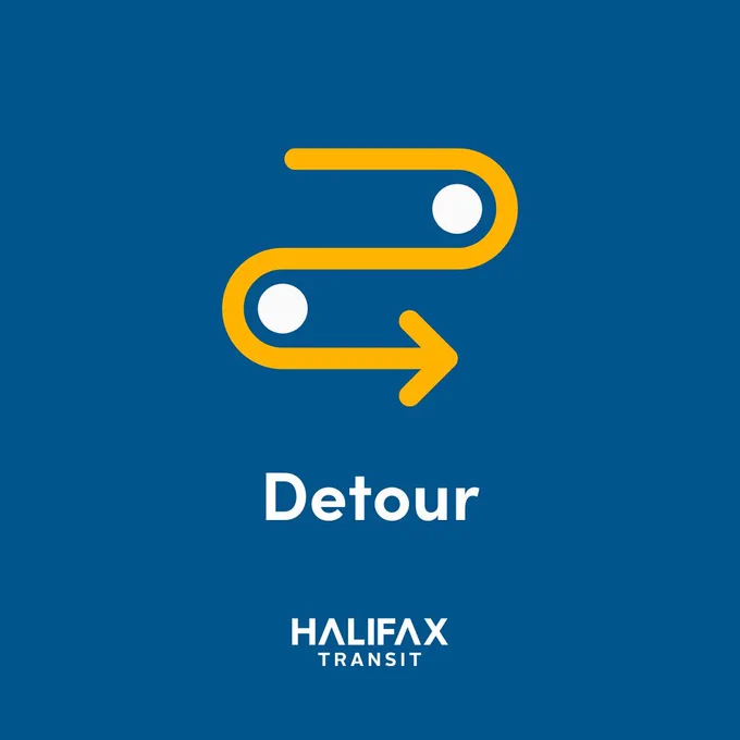 A yellow arrow snakes its way between two white dots, making a shape similar to a backwards "s", on a solid blue background. Below the arrow shape is the word "detour" in white. Below that is the Halifax Transit logo.