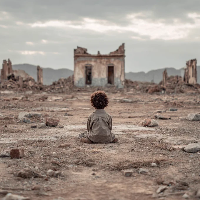A small child sits alone on dry, barren ground, facing the ruins of a destroyed building. The landscape is desolate, filled with rubble and remnants of collapsed structures, under a cloudy sky. The image evokes abandonment, devastation, and the horrible cost of inaction.