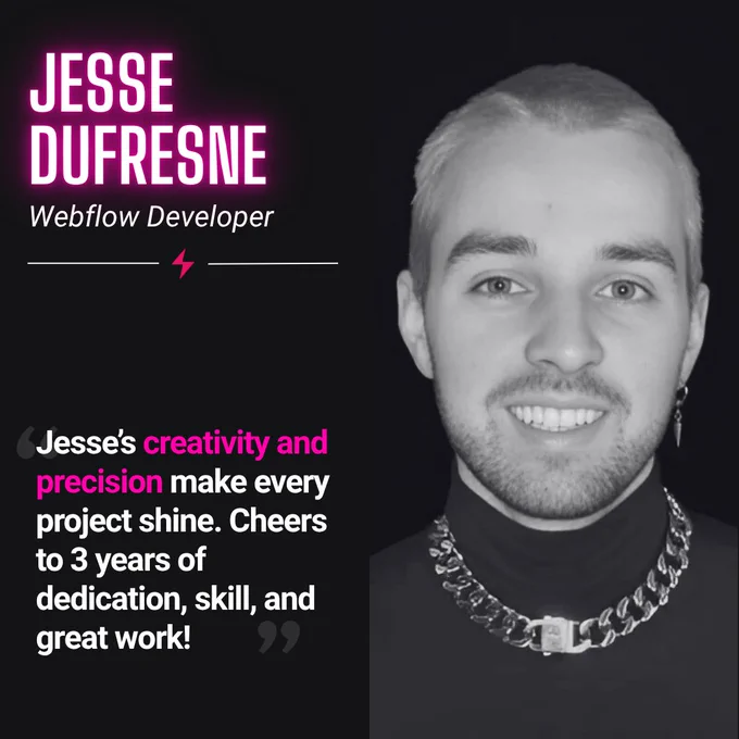 Celebration graphic with text: Jesse’s creativity and precision make every project shine. Cheers to 3 years of dedication, skill, and great work!