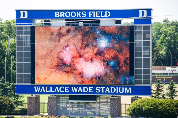 Each image obtained from the Vera Rubin would require 400 HD TVs to be displayed in their entirety — even Duke’s Books Field scoreboard, shown here displaying one of the images would fall slightly short. (John West/Trinity Communications)
