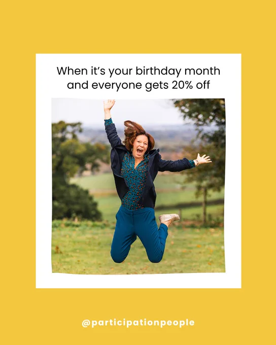 a polaroid image with a photo of a woman jumping while smiling with text above saying: when it's your birthday month and everyone gets 20% off