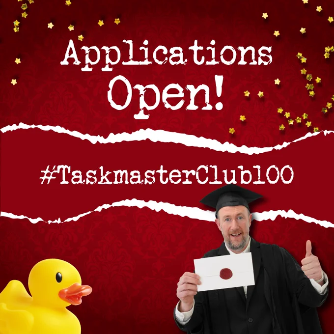 Alex Horne wearing a graduation cap and gown holding a sealed envelope and giving a thumbs up against a red background with gold stars and text announcing open applications.
