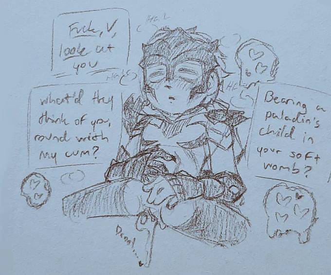 (Viktor pants, making slurry and pleased noises while drooling cum in responce to Jayce's talking)
J: Fuck, V, look at you
What'd they think of you, round with my cum?
Beating a paladin's child in your soft womb?