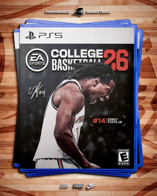 mock up of potential cover for Electronic Arts Sports future video game College Basketball 26, cover picture is of Corey Floyd Junior, side profile, screaming, with his signature and number 14, rated E for everyone, Providence College Basketball, BIG EAST, Friars, Nike