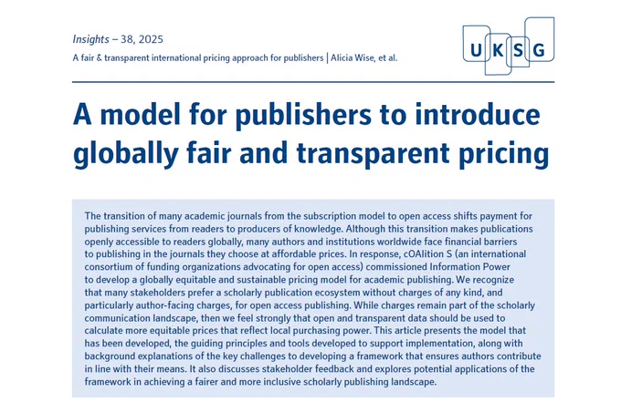 The transition of many academic journals from the subscription model to open access shifts payment for publishing services from readers to producers of knowledge. Although this transition makes publications openly accessible to readers globally, many authors and institutions worldwide face financial barriers to publishing in the journals they choose at affordable prices. In response, cOAlition S (an international consortium of funding organizations advocating for open access) commissioned Information Power to develop a globally equitable and sustainable pricing model for academic publishing. We recognize that many stakeholders prefer a scholarly publication ecosystem without charges of any kind, and particularly author-facing charges, for open access publishing. While charges remain part of the scholarly communication landscape, then we feel strongly that open and transparent data should be used to calculate more equitable prices that reflect local purchasing power. 