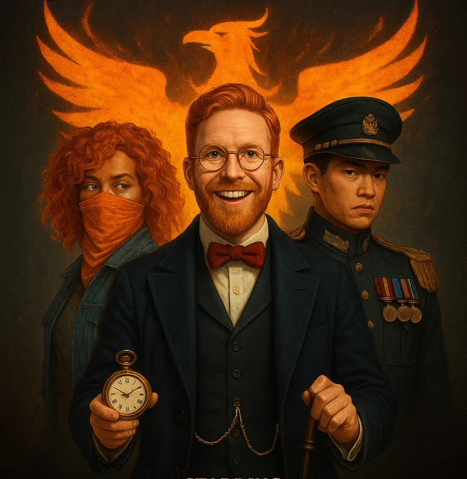 A computer generated drawing of Neil Jones, wearing three piece suit, bow tie, and pocket watch, flanked by a masked woman and a man in military uniform