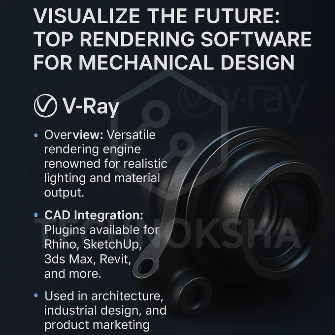 Promotional digital poster for V-Ray rendering software, featuring a bold heading "Visualize the Future: Top Rendering Software for Mechanical Design" with a sleek metallic mechanical component in the background. The poster highlights V-Ray’s strengths in realistic lighting, CAD software integration, and its use in architecture, industrial design, and product marketing.