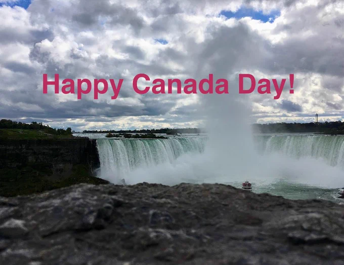 Happy Canada Day! in red text on top of a picture of Niagara Falls