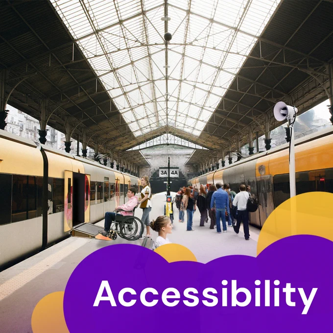A man in a wheelchair is being assisted onto a train via a ramp by a uniformed staff member. The platform has a visible help button, large clear signage for platforms 3A and 4A, and a loudspeaker for announcements. The scene reflects a well-supported, inclusive environment that makes the station more welcoming and usable for all people resulting in more business.