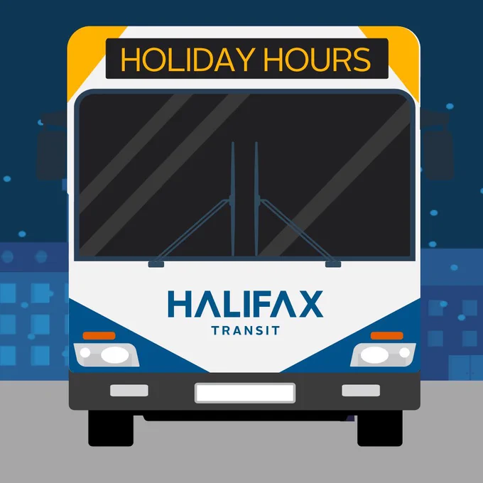 A cartoon drawing of a Halifax Transit bus with a destination sign that reads "Holiday Hours".