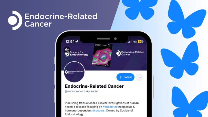 Text in top left reads Endocrine-Related Cancer. Central image of phone with Endocrine-Related Cancer Bluesky profile. Left-hand side of image features Bluesky logo repeated 4 times in varying positions. 