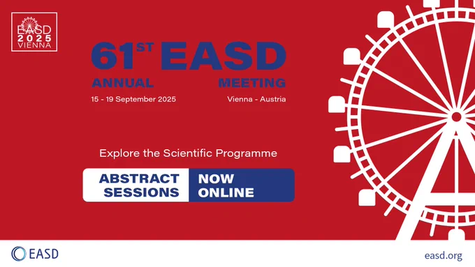 Promotional graphic for the 61st EASD Annual Meeting, taking place from 15-19 September 2025 in Vienna, Austria. The image features a red background with a large white illustration of the Vienna Ferris wheel on the right. Text invites viewers to “Explore the Scientific Programme,” with a blue and white button reading “Abstract Sessions Now Online.” The EASD logo and website easd.org appear at the bottom.