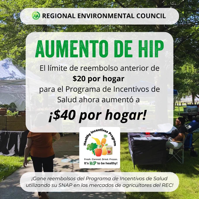 Aumento de HIP - El límite de reembolso anterior de $20 por hogar para el Programa de Incentivos de Salud ahora aumentó a ¡$40 por hogar! ¡Gane reembolsos del Programa de Incentivos de Salud utilizando su SNAP en los mercados de agricultores del REC! 