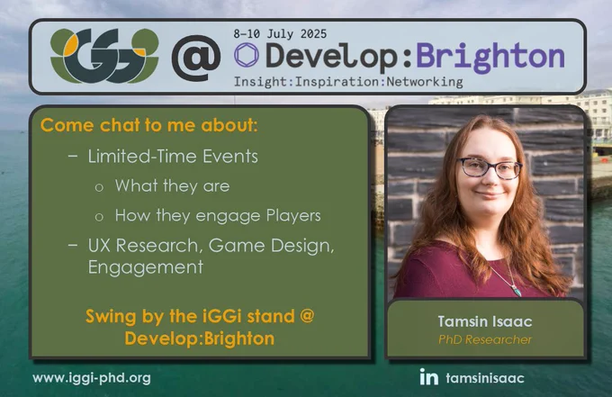 Tamsin Isaac - Come chat to me about, Limited-Time Events, What they are, How they engage Players, UX Research, Game Design, and Engagement.
